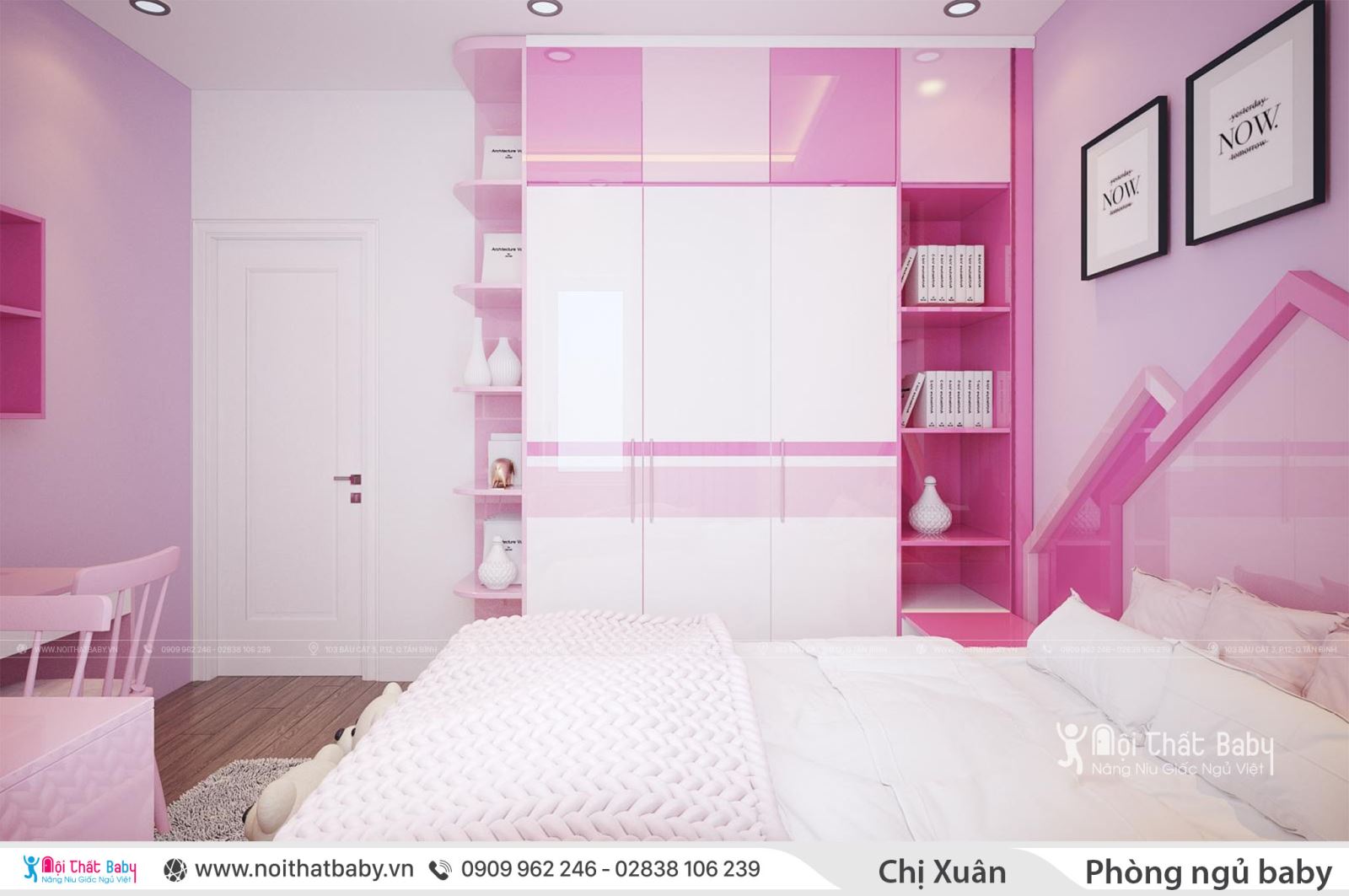 Thiết kế nội thất phòng ngủ bé gái màu hồng dễ thương